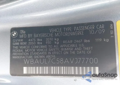 2010 BMW 128I z USA, uszkodzony, nr VIN WBAUL7C58AVJ77700
